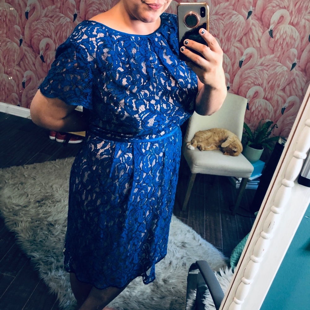 Adrianna Papell Lace Blue Dress (Fully Lined)